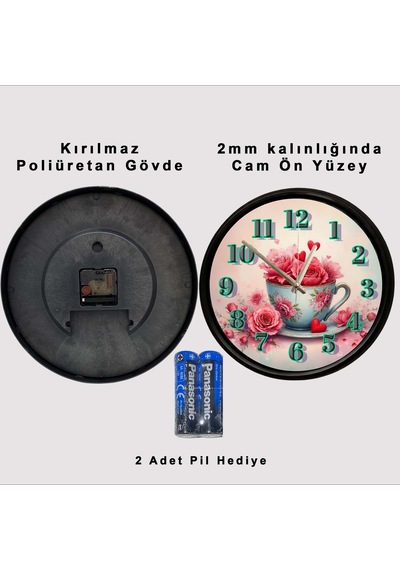 Gül Buketi Ve Kalp Detaylı Fincan Tasarımlı Dekoratif Duvar Saati 28 Cm Sessiz Mekanizma Çok Renkli