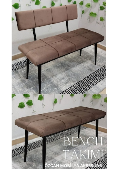 Özcan Metal Siyah Metal Ayaklı Bench Sırtlı Mutfak Salon Antre Yatak Odası Puf Bank Oturak Takımı Kahverengi