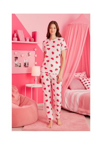 Rindahomewear Kadın Kalp Desenlı Viskon Baskılı Kısa Kol Pijama Takımı Ekru