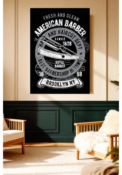 Mushen Studio American Barber Brooklyn Ny Vintage Kanvas Tablo Solvent Baskı Erkek Dekoru Duvar Sanatı Canvas