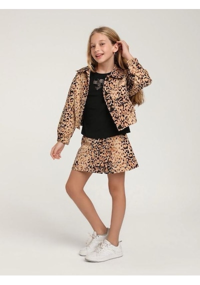 Escabel Kız Çocuk Leopar Desenli Tek Cepli Ceket-15592 Kahverengi