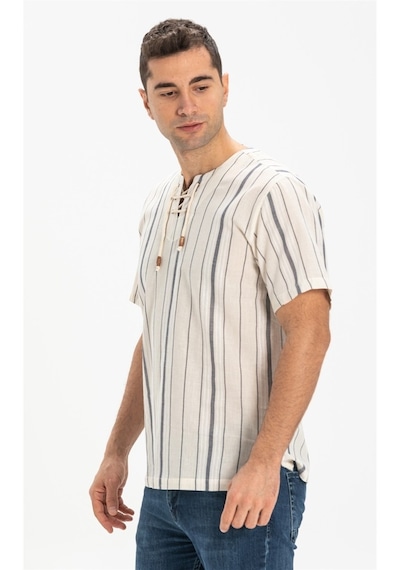 Kısa Kol Şile Bezi Zımbalı Erkek Tshirt Ekru Gri Çizgili 3028