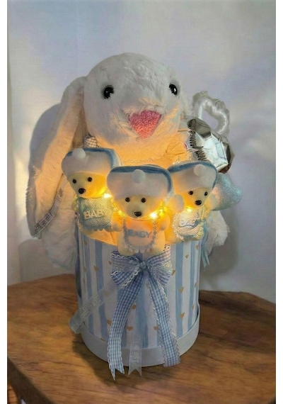 Led Işıklı Özel Kutuda Uyku Arkadaşı Bunny Peluş Tavşan İle Yeni Doğan Hediye Seti- Babyshower ,yenidoğan Hediyesi Beyaz