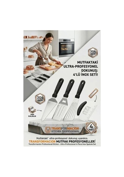 304 Inox Paslanmaz Çelik 4 Lü Spatula Ve Hamur Kesici Seti - Ultra Profesyonel Seri 723144 Renk
