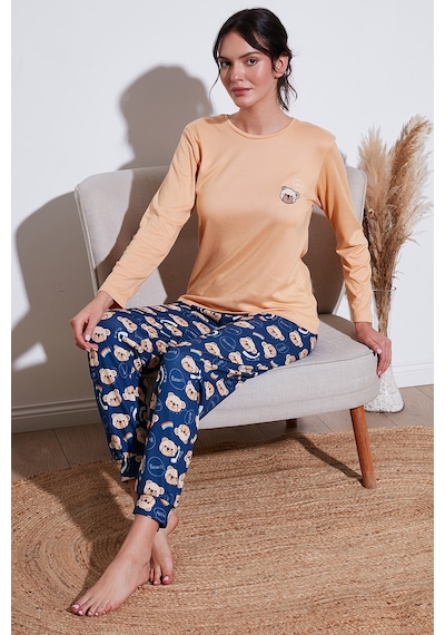 Lela Streç Regular Fit Beli Lastikli Bisiklet Yaka Bayan Pijama Takımı 65714101 Şeftali