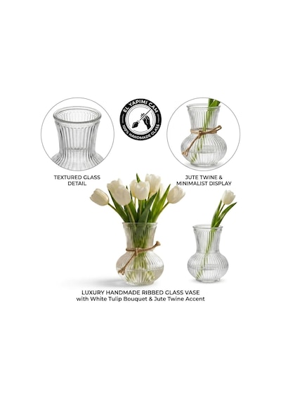 Deconox Pure Model El Yapımı Üfleme Cam Küçük Vazo - Şeffaf Optikli Dekoratif Çiçeklik 13x7 Cm Diğer
