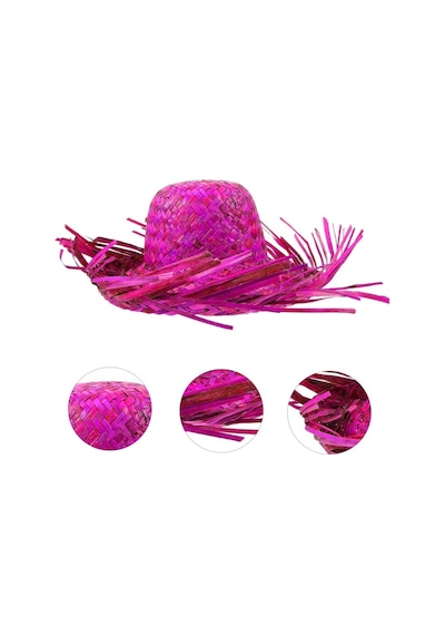 Tropikal Parti Pembe Fuşya Hasır Hawaii Şapkası 13x36 Cm 6 Yaş