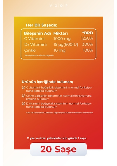 Voop C Vitamini D3 Vitamini ve Çinko 20 Saşe
