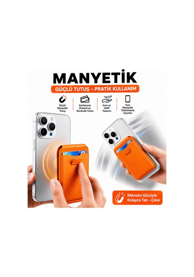 Cüzdan Kartlık Güçlü Manyetik Standlı Telefon Kartlığı İphone Uyumlu Deri Cüzdan Turuncu