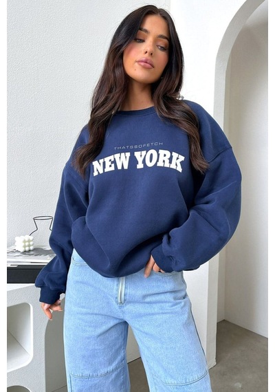 New York Thatsofetch Sweatshirt - Lacivert Baskılı Oversize Bisiklet Yaka Lacivert