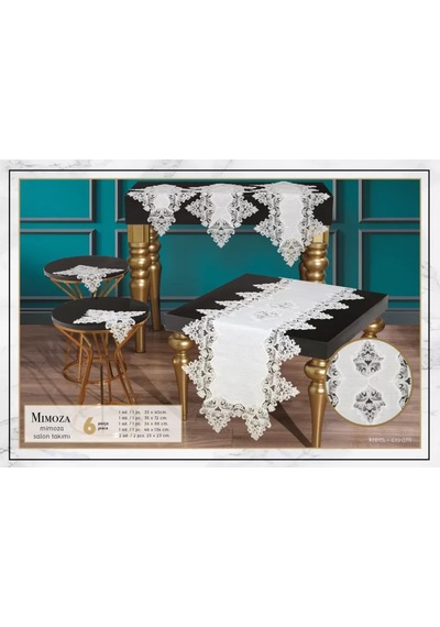 Mimoza Model Krem 5 Parça Dantel Masa Örtüsü Runner Seti Salon Takımı No 666