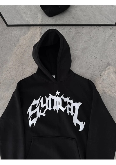 Assema Kadın Üç İplik Kapüşonlu Baskılı Oversize Sweatshirt- Siyah Çok Renkli