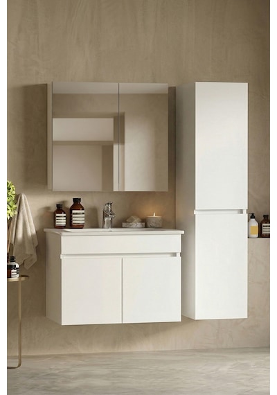 Lotus 75+35 Cm Beyaz Mdf Seramik Lavabolu Asma Banyo Dolabı Takımı