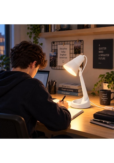 Hareketli Başlıklı Beyaz Masa Lambası E14 Duy, 3000k Sarı Işık Led Buji Ampul Hediyeli, 2 Metre Kablolu, Abs Plastik Çalışma Ve Ders Lambası