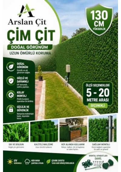 Çim Çit Bahçe Teli Yapay Çim Örgülü Uv Dayanıklı Yeşil Çit, 130 Cm X 7 Mt