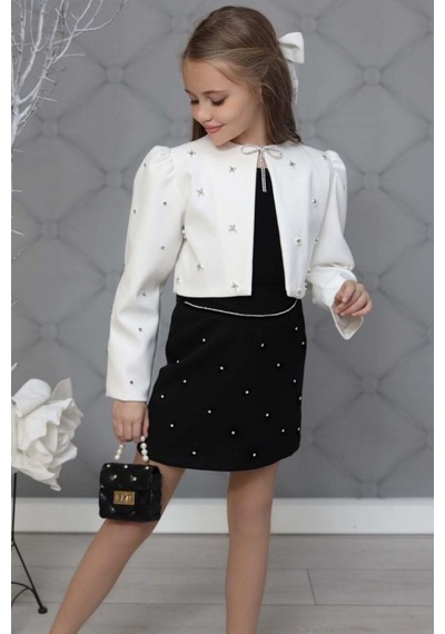 Riccotarz Kız Çocuk Üzeri Taş İşlemeli Etek Askılı Penye Bluz Ve Beyaz Blazer Ceket Etekli Takım 001