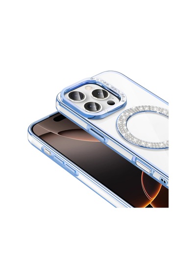 Apple Uyumlu iPhone 16 Pro Kılıf Pırlanta Taş Tasarımlı M-safe Şarj Özellikli Karetta Silikon Kılıf Mavi