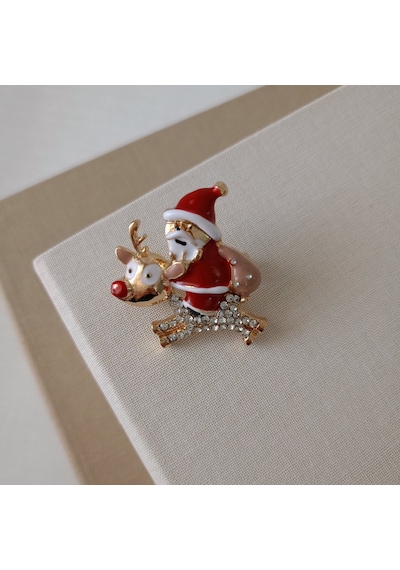 Lente Aksesuar Kristal Taşlı Geyikli Noel Baba Broş- Reng Geyikli Noel Baba Yaka İğnesi Çok Renkli