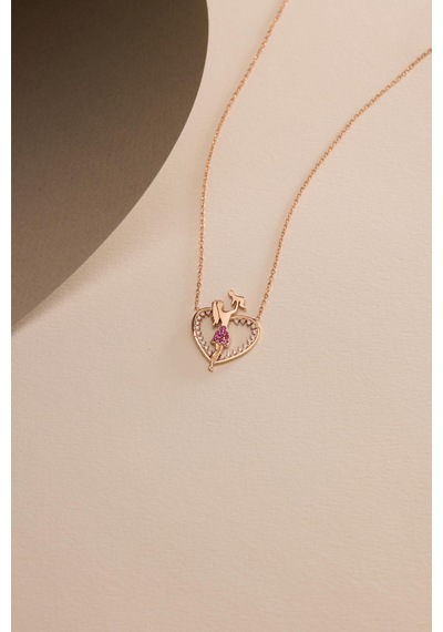 925 Ayar Gümüş Rose Kaplama Kalp Model Pembe Taşlı Anne Bebek Kolye Rose Gold