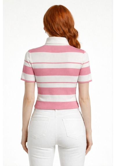 Neden Tekstil Çizgili Polo Yaka Düğmeli Triko Crop Bluz - Pembe