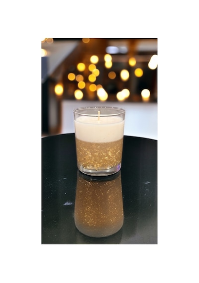 Cam Bardakta Dekoratif Gold Varaklı Jel Ve Soya Mum Sarı