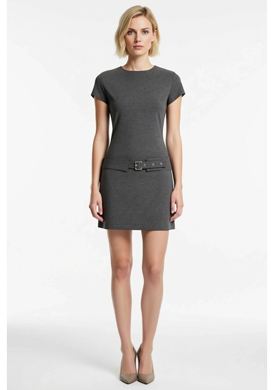Benerly Kadın Mini Elbise Bisiklet Yaka Kısa Kollu Kemerli Bodycon Kesim Antrasit