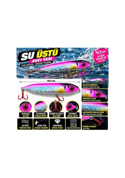 Su Üstü Avcı Yem Holografik Pembe Gümüş Gövde 3d Göz Ve Çift Üçlü Iğne