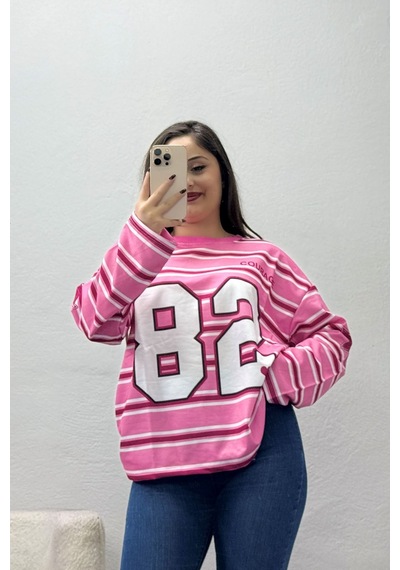 Belendir Kadın 2 İplik Çizgili Baskılı Bisiklet Yaka Sweat Pembe