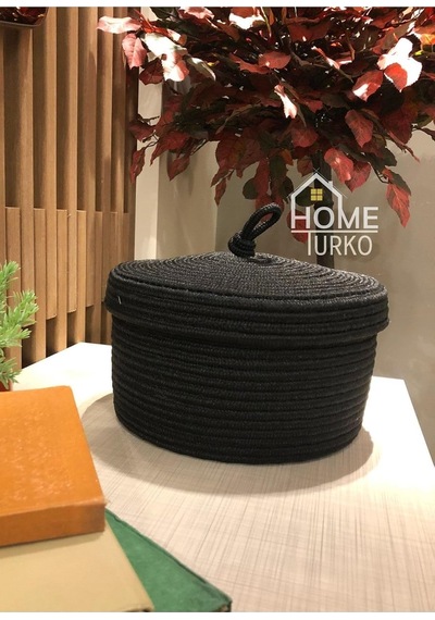 Moderin, Jüt, Hasır Kapaklı Sepet, El Dokuması, Çok Amaçlı Depolama Mutfak Sepeti, Banyo Sepeti, Siyah Genel