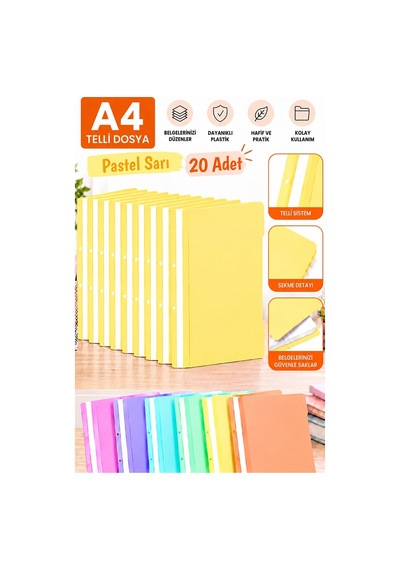 Telli Dosya Pastel Sarı A4 20 Adet Ekonomik Kaliteli Plastik Telli Dosya Evrak Sunum Dosyası Renkli Ofis Büro Okul