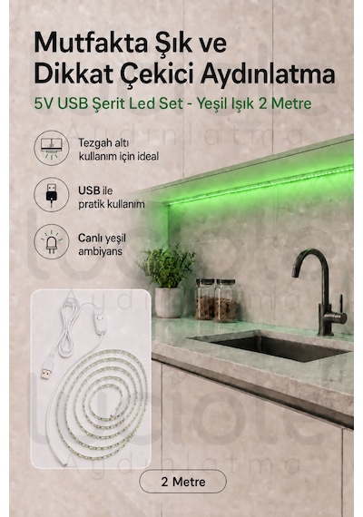 2 Metre 5v Usb Yeşil Şerit Led Anahtarlı Tv Arkası Gaming Masa Raf Powerbank Dekoratif Led