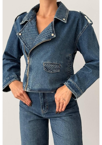 Lacarino 7757 Taşlı Kadın Jean Ceket Blue