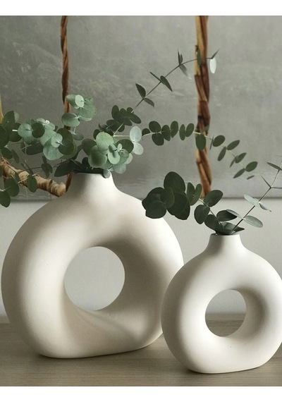 Bohem Halka Vazo Set Büyük 17x18cm, Küçük 14x15cm Dekoratif, Hediyelik Ham Beyaz Beyaz