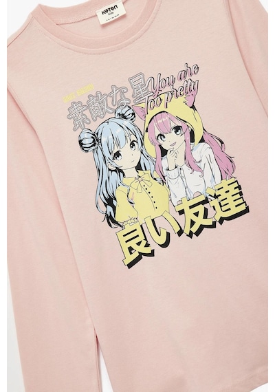 Koton Kız Çocuk Pamuklu Uzun Kollu Bisiklet Yaka Anime Baskılı Tişört Pembe