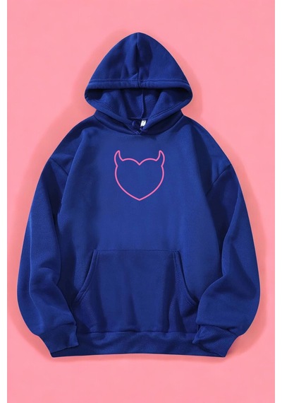 Kalp Baskılı Unisex Oversize Sweatshirt Mavi