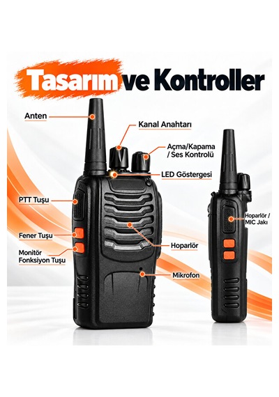 16 Kanallı El Telsizi 2 Li Set 1500 Mah Şarjlı Batarya Uhf 400 470 Mhz Led El Fenerli