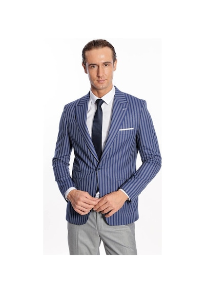 Wessi Çizgili Slim Fit Mavi Erkek Ceket Siyah
