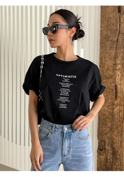 Flood Of Style Kadın Siyah Optımıstıc Baskılı Oversize Bisiklet Yaka Tshirt