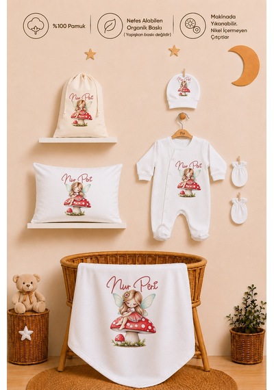 Pia Baby Kız Bebek İsimli Hastane Çıkışı 6 Parça Tulum Şapka Eldiven %100 Pamuk Hediye Seti 1096tybkyx Krem