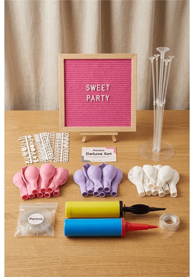 Tatlı Temalı Doğum Günü Süsleme Deluxe Set Pembe Keçe Yazı Panosu Standlı Pompa Balon Zincirli 7 Li Şeffaf Balon Standlı 1 - 12 Yaş