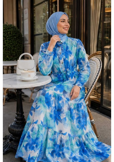 Hb Harma Time Butik Kadın Düğmeli Desenli Modal Kumaş Mavi Elbise Mavi Mavi