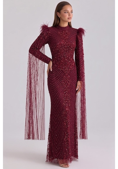 Olcay İnci Ve Taş Desenli Omuzlarında Tüy Ve Pelerin Detaylı Exclusive Tesettür Abiye Elbise Bordo 1108 Olcay İnci Ve Taş Desenli Omuzlarında Tüy Ve Pelerin Detaylı Exclusive Tesettür Abiye Elbise Bordo 1108