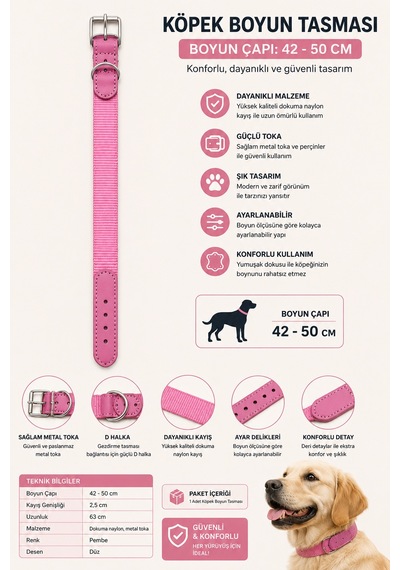 Köpek Boyun Tasması 42-50 Cm Dokuma Naylon Deri Detaylı Metal Tokalı D Halkalı - Pembe Çok Renkli