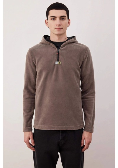 Benerly Erkek Kapüşonlu Standart Kol Polar Fermuarlı Sweatshirt Fonksiyon Bej