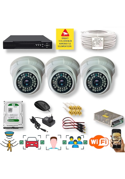 3 Kameralı Set Yapay Zeka Özellikli Gece Görüşlü 5 Mp Sony Lensli Fullhd İç Mekan Güvenlik Kamerası Seti D136b-104