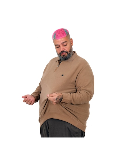 Mode Xl Büyük Beden Erkek Polo Waffle Kazak U25822 Sütlü Kahve