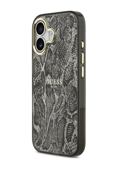 Apple Uyumlu iPhone 17  Kılıf Guess Lisanslı M-safe Şarj Özellikli Yazı Logolu Python Desenli Kapak Siyah Siyah