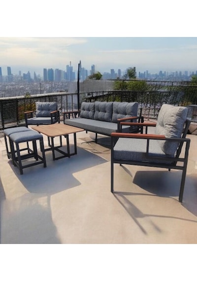 Pielize Bahçe Ve Balkon Mobilyası Gri 3+1+1, Sehpa Ve 2 Puflu Gri