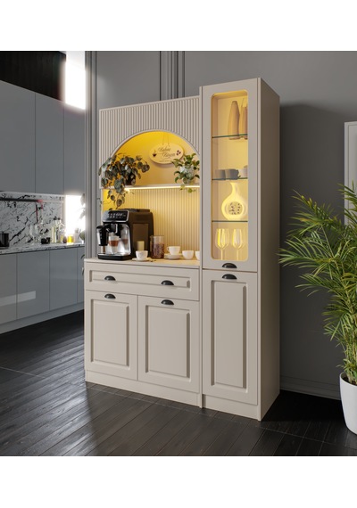 Siena Kum Beji Midi Sağ Vitrinli 130 Cm Komple Mdf Led Aydınlatmalı Kahve Köşesi
