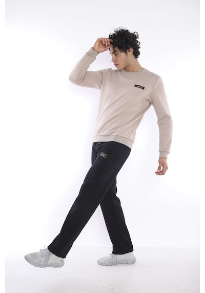 Escetic Erkek Spor Bej Kışlık Sweatshirt Takım, 3 İplik (İçi Şardonlu) Ku Bej